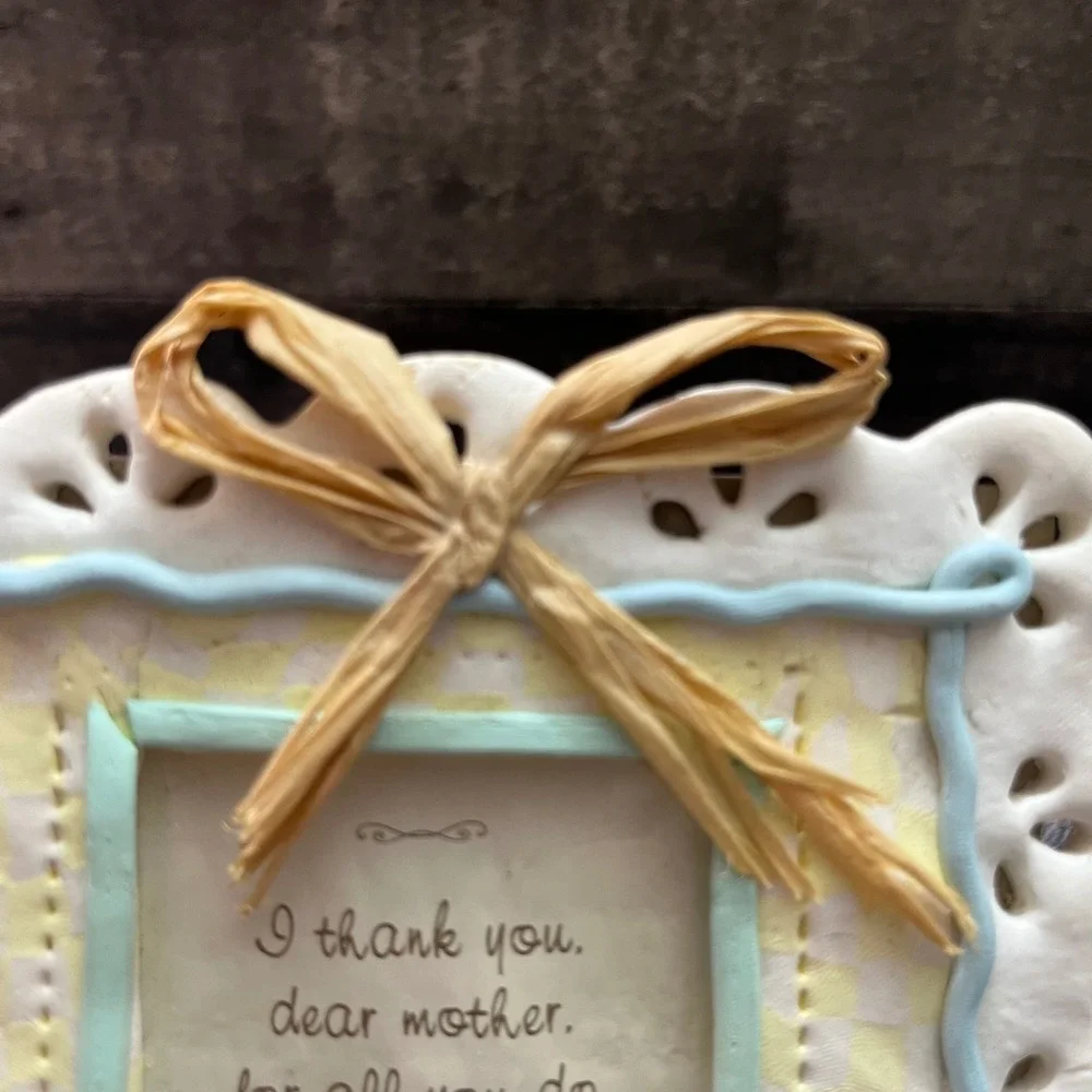 Vintage Mother Angel Picture Frame Blue Yellow Gingham Scalloped Cottagecore